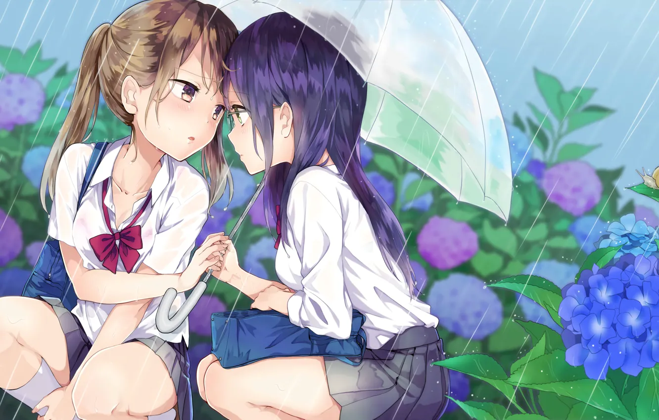 Photo wallpaper flowers, umbrella, girls, rain, glasses, blush, anime, art
