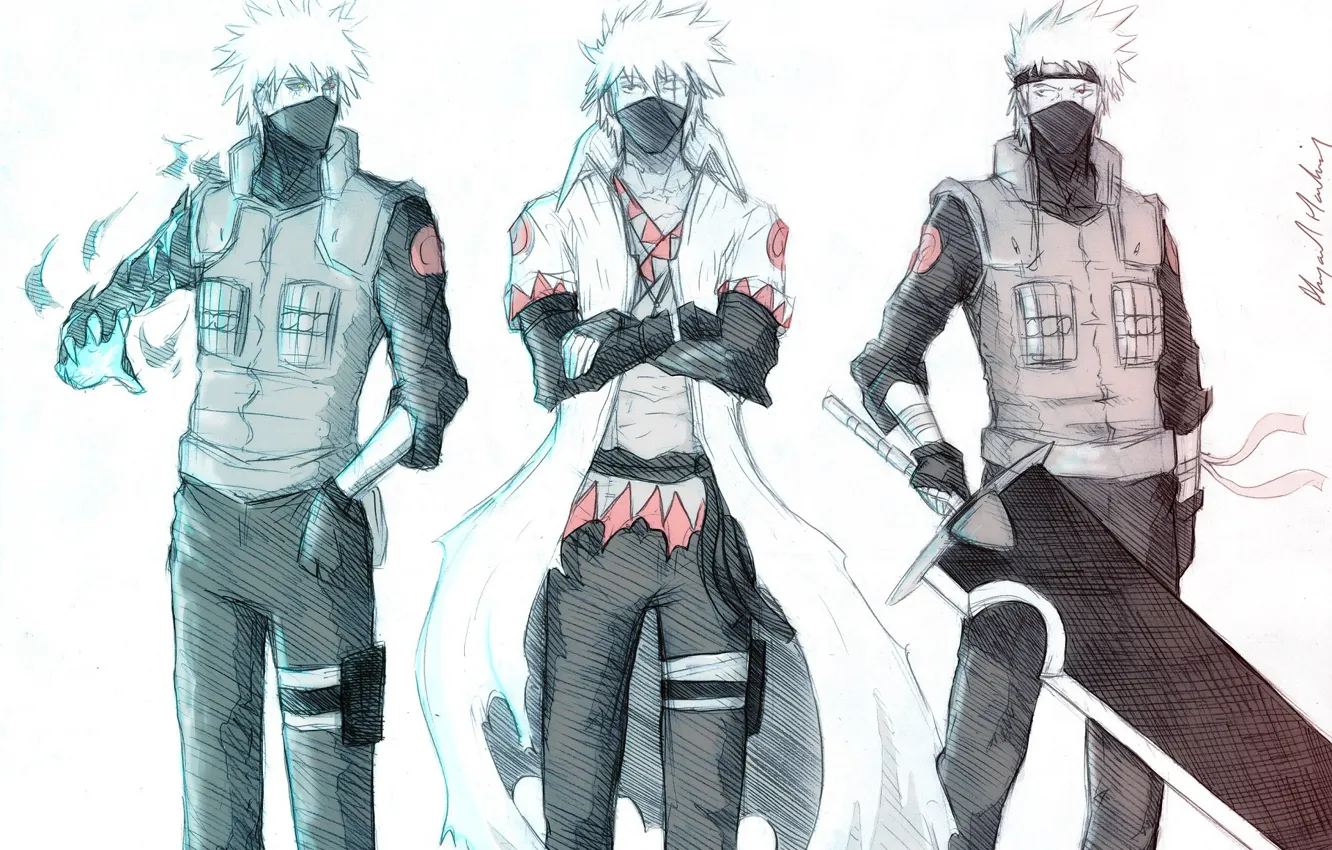 Photo wallpaper art, white background, Naruto, Kakashi Hatake