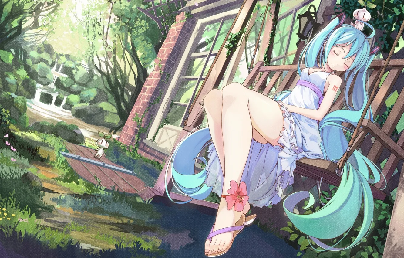 Photo wallpaper girl, flowers, bench, plant, home, being, anime, art