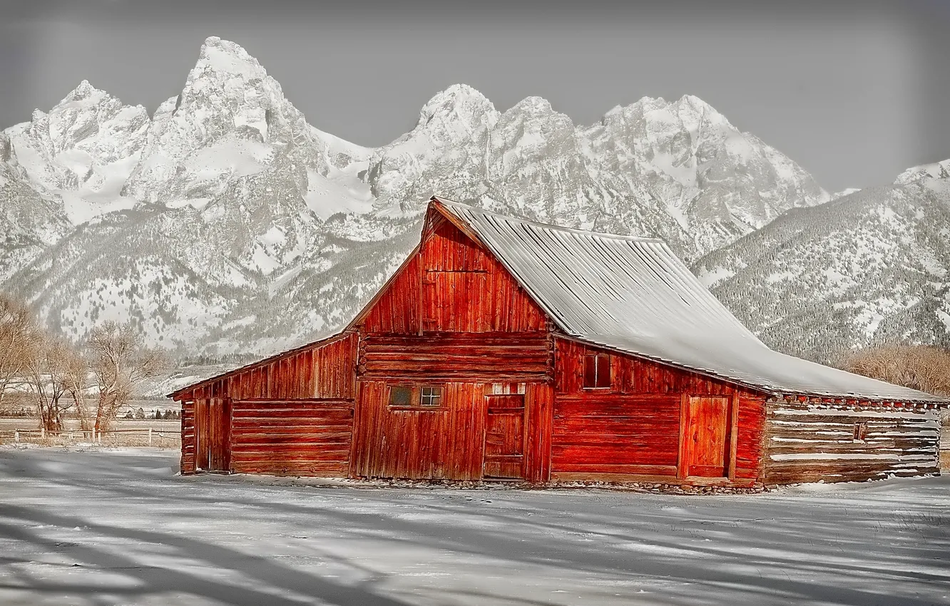 Photo wallpaper winter, snow, mountains, house