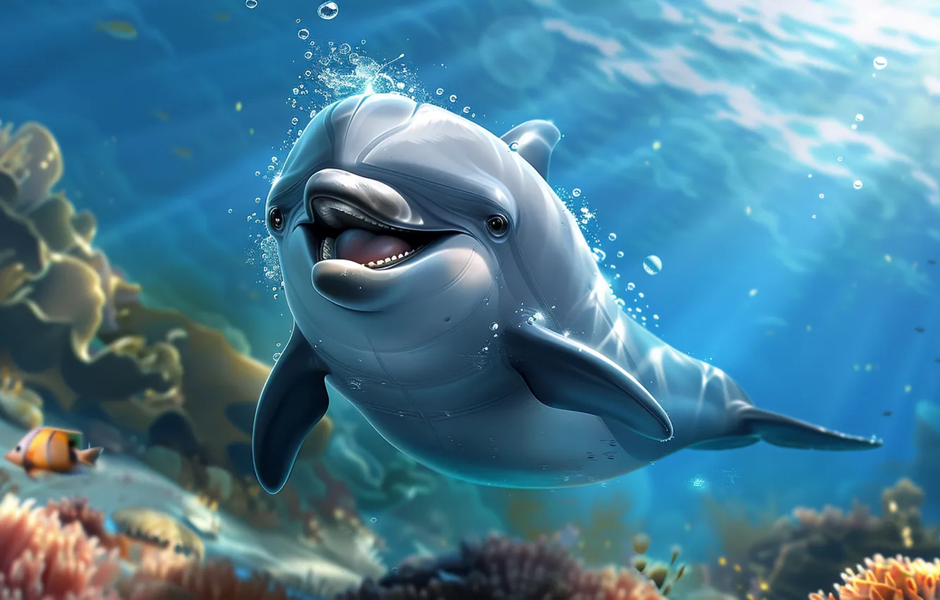 Photo wallpaper smile, fish, corals, dolphins, underwater world, digital art, AI art, The Art of Artificial Intelligence