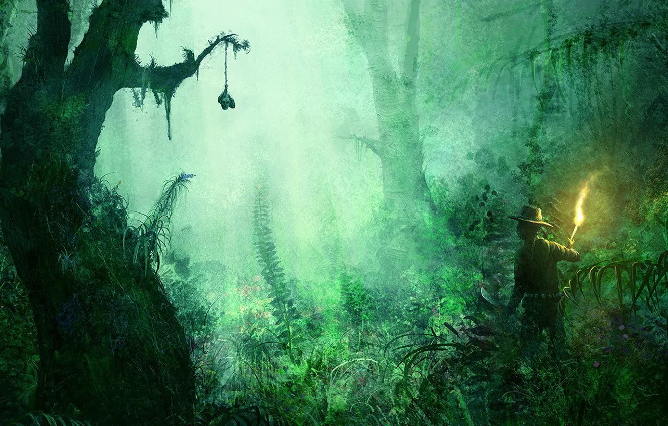 Photo wallpaper grass, trees, green, traveler, torch