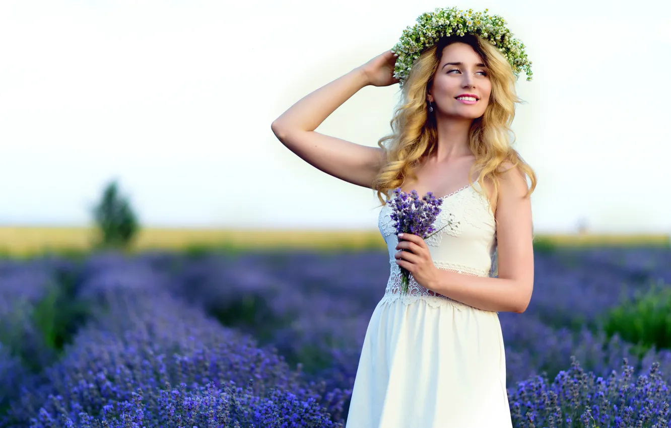 Photo wallpaper field, look, girl, flowers, makeup, wreath, lavender