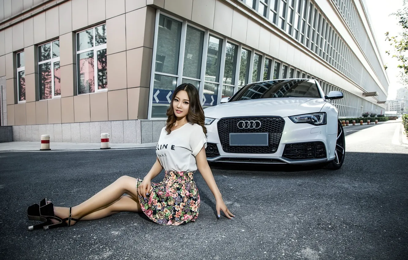 Photo wallpaper look, Audi, Girls, hairstyle, Asian, beautiful girl, white car, sitting on the machine