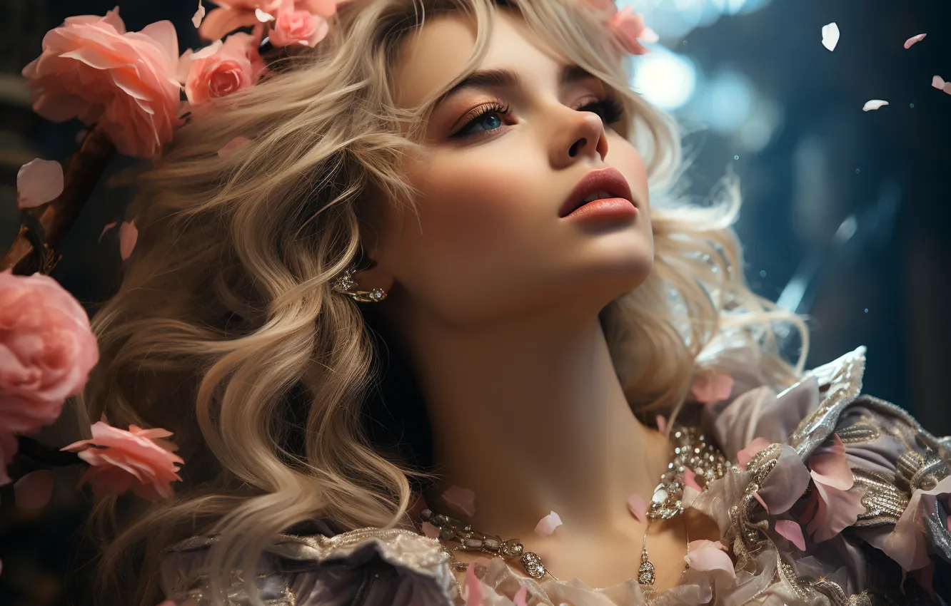 Photo wallpaper look, girl, flowers, pose, portrait, AI art, neural network