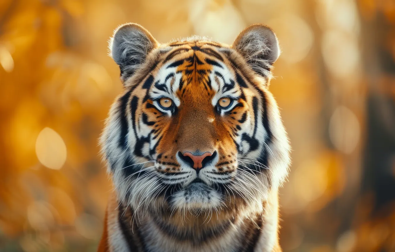 Photo wallpaper look, face, light, nature, tiger, portrait, orange background, bokeh