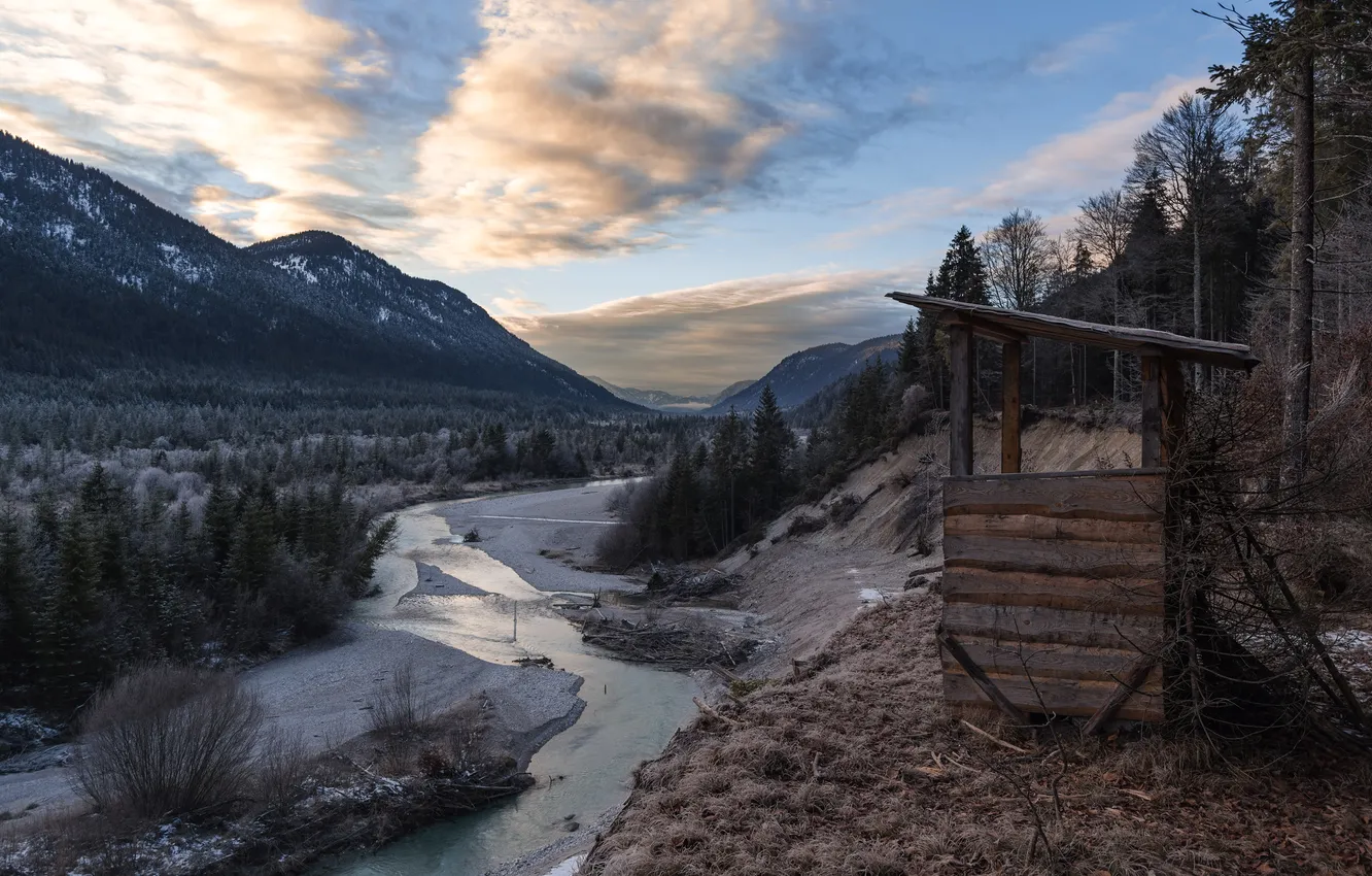 Photo wallpaper forest, clouds, mountains, river, shore, dal, slope, buildings