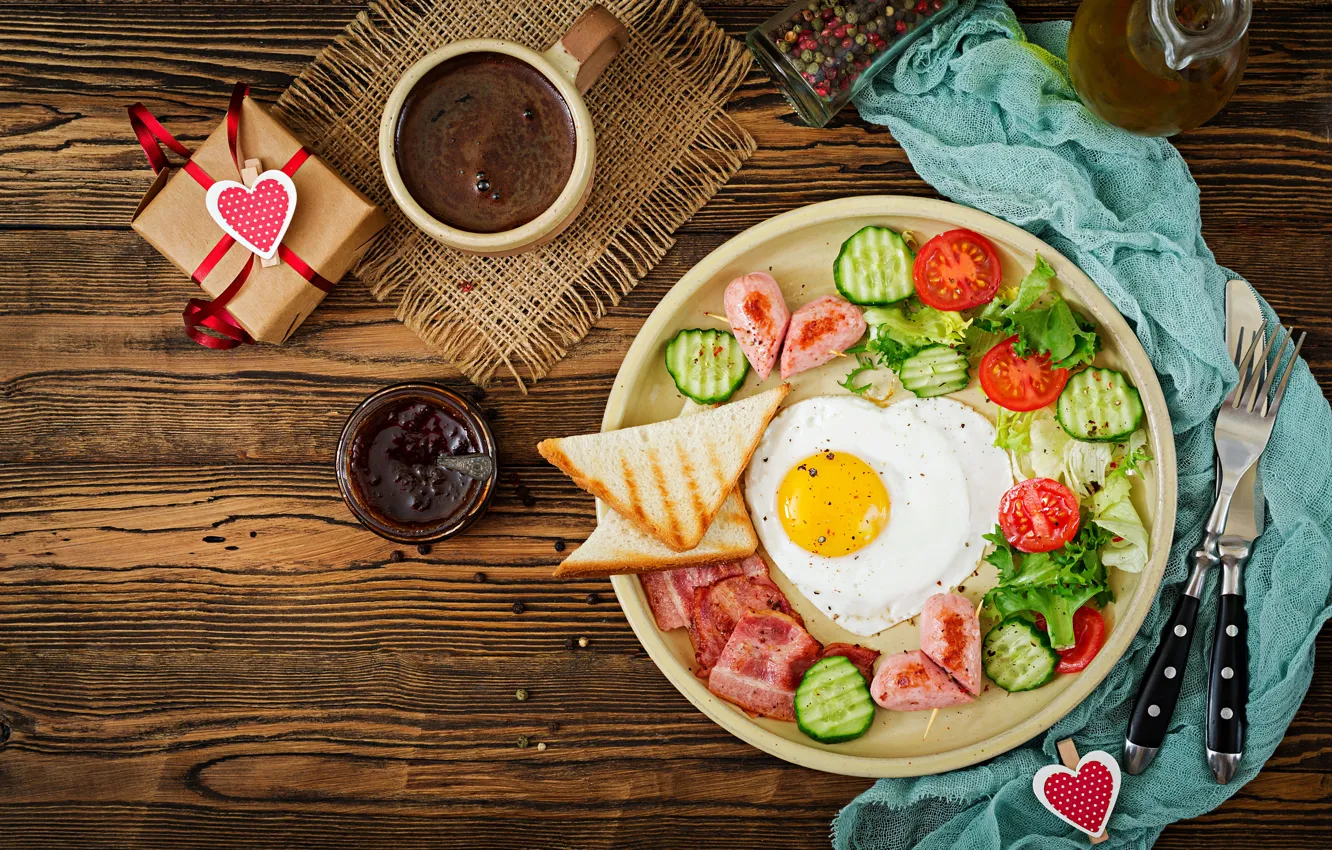 Photo wallpaper coffee, Breakfast, Cup, scrambled eggs, vegetables, heart, cup, romantic