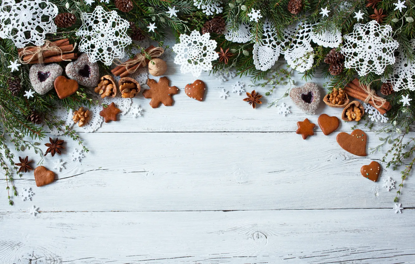Photo wallpaper decoration, snowflakes, tree, New Year, cookies, Christmas, hearts, Christmas