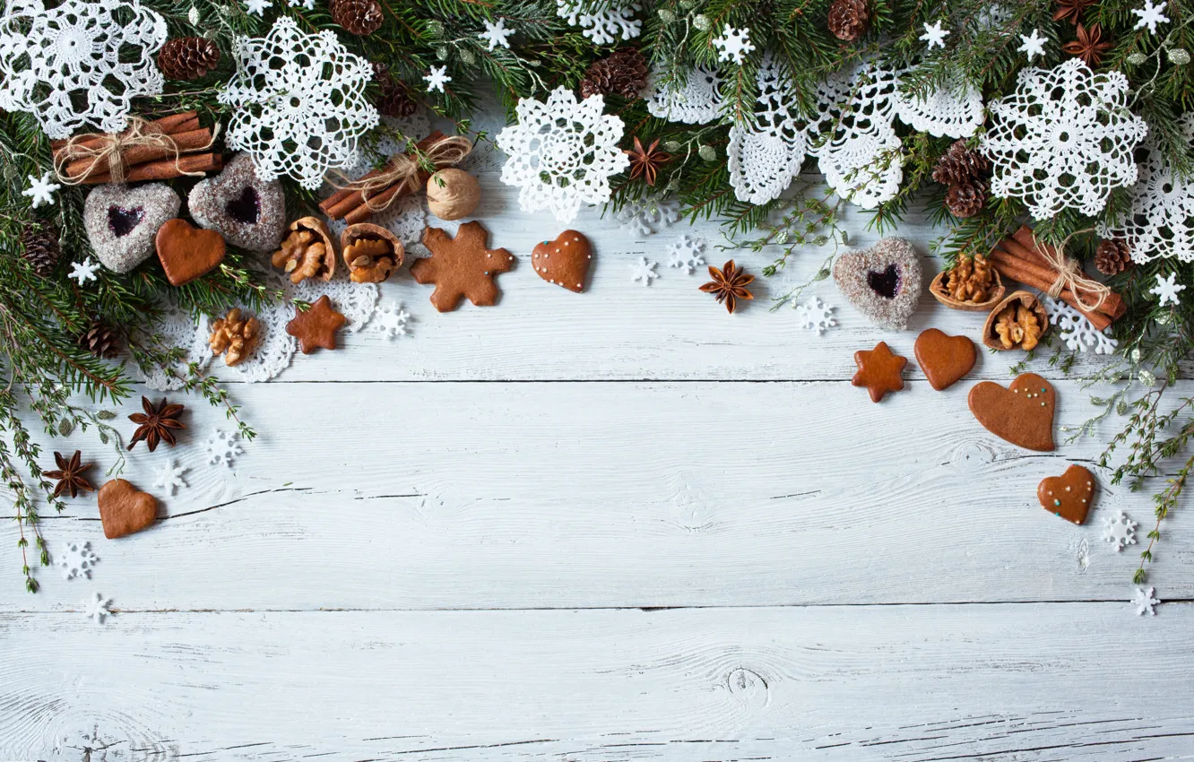 Photo wallpaper decoration, snowflakes, tree, new year, cookies, Christmas, hearts, Christmas