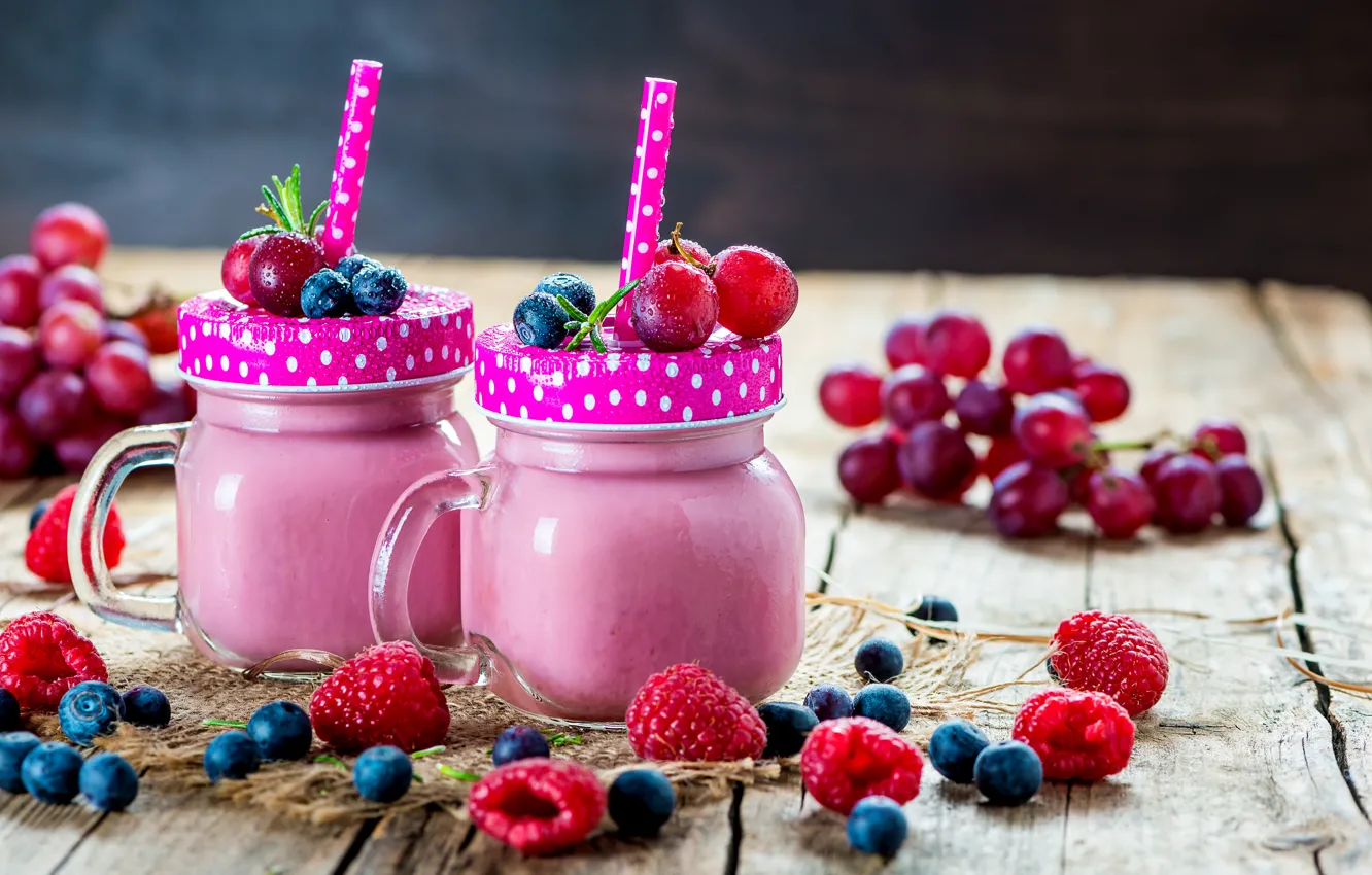 Photo wallpaper berries, Breakfast, Bank, wood, yogurt