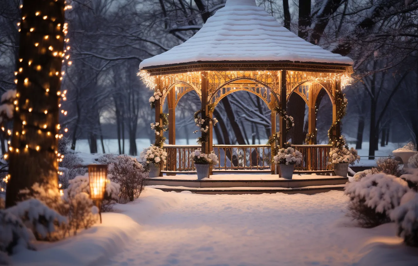 Photo wallpaper winter, snow, snowflakes, night, lights, Park, new year, Christmas