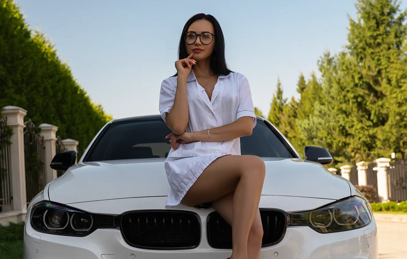 Photo wallpaper chest, look, girl, pose, model, hair, BMW, figure
