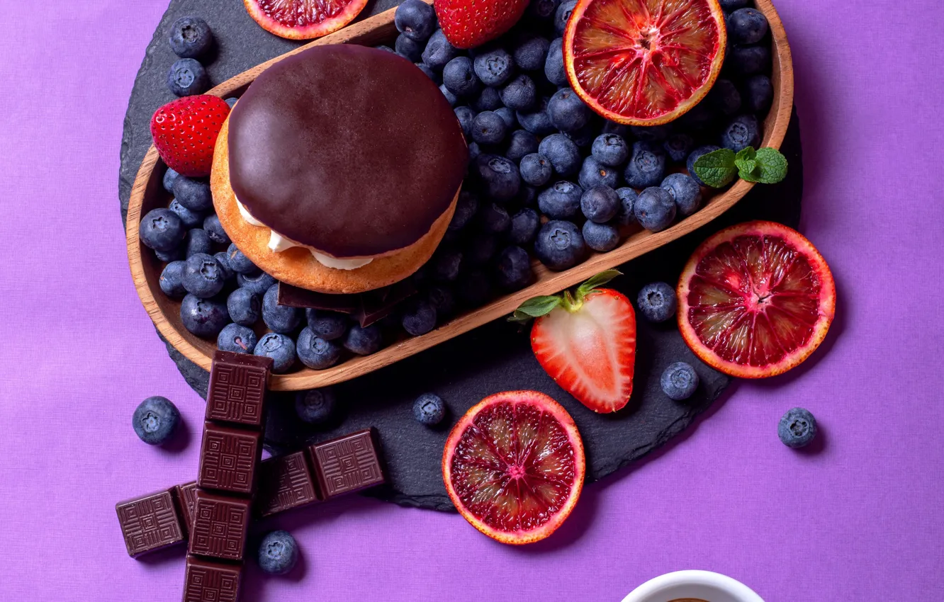 Photo wallpaper berries, background, chocolate, strawberry, mug, Cup, cake, grapefruit