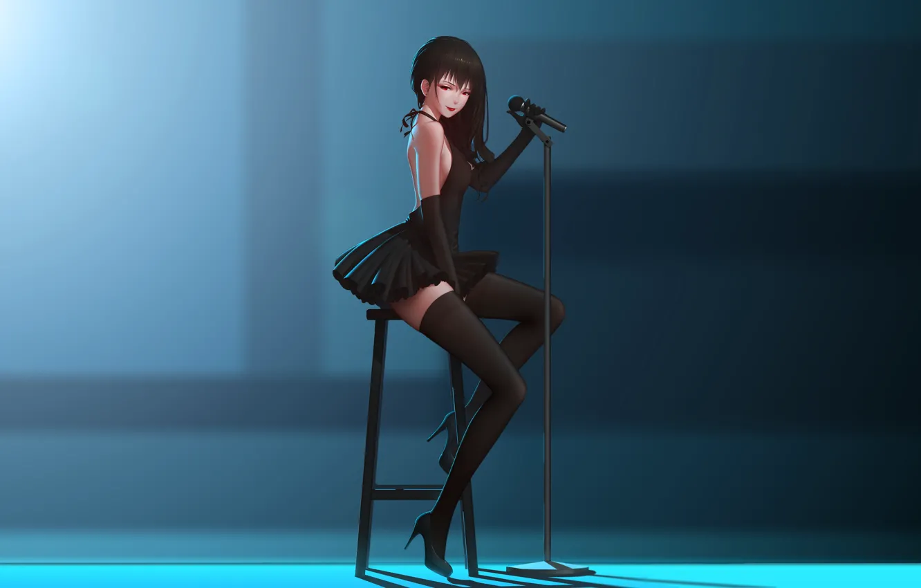 Photo wallpaper girl, pose, stockings, anime, art, chair, microphone, maredoro