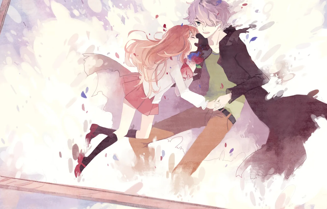 Photo wallpaper girl, joy, flowers, petals, tears, art, guy, two