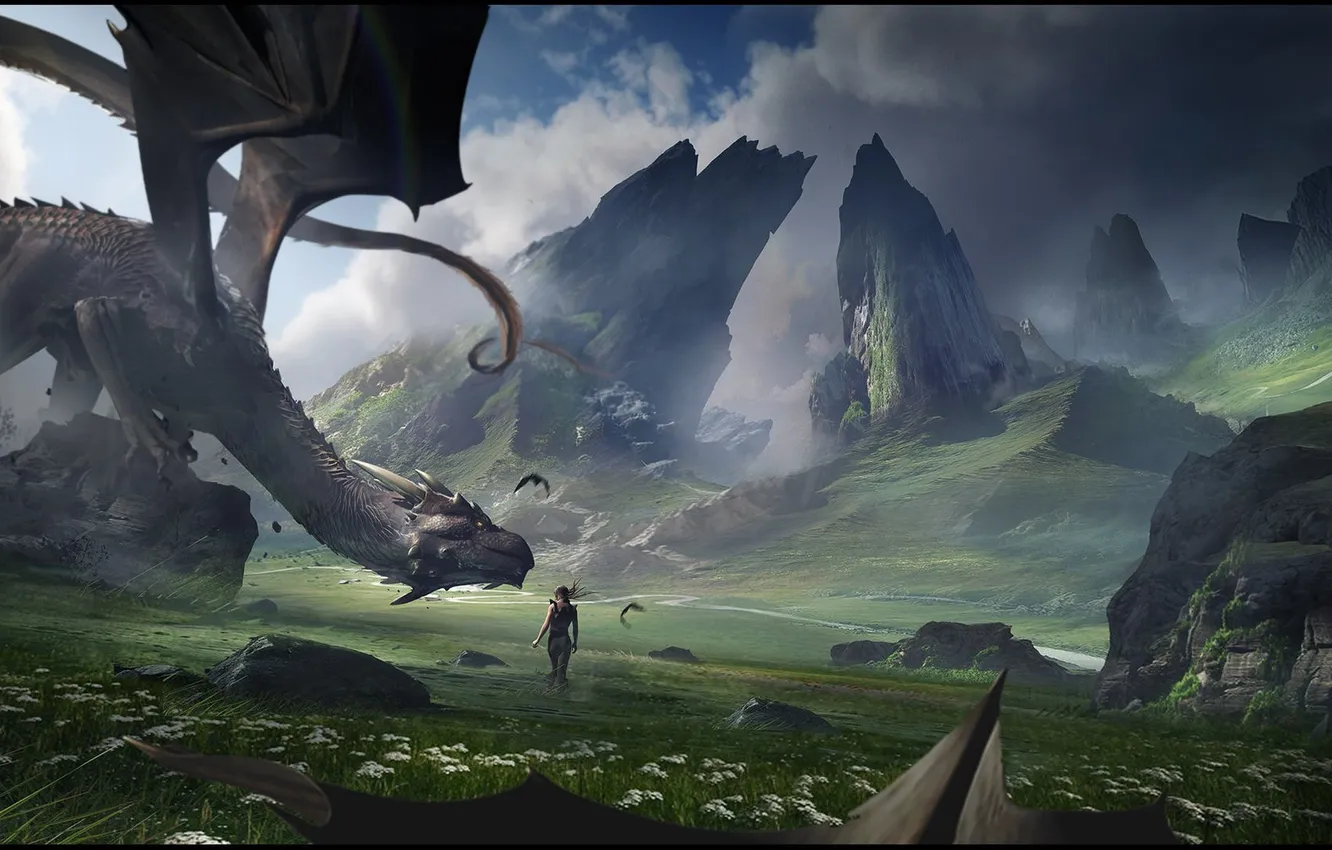 Photo wallpaper girl, mountains, dragon, valley