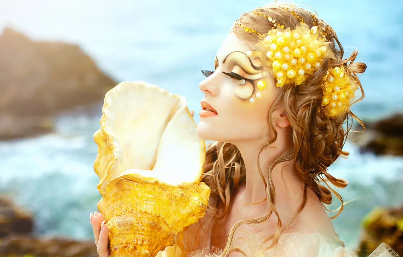 Photo wallpaper sea, girl, hair, mermaid, makeup, shell, curls