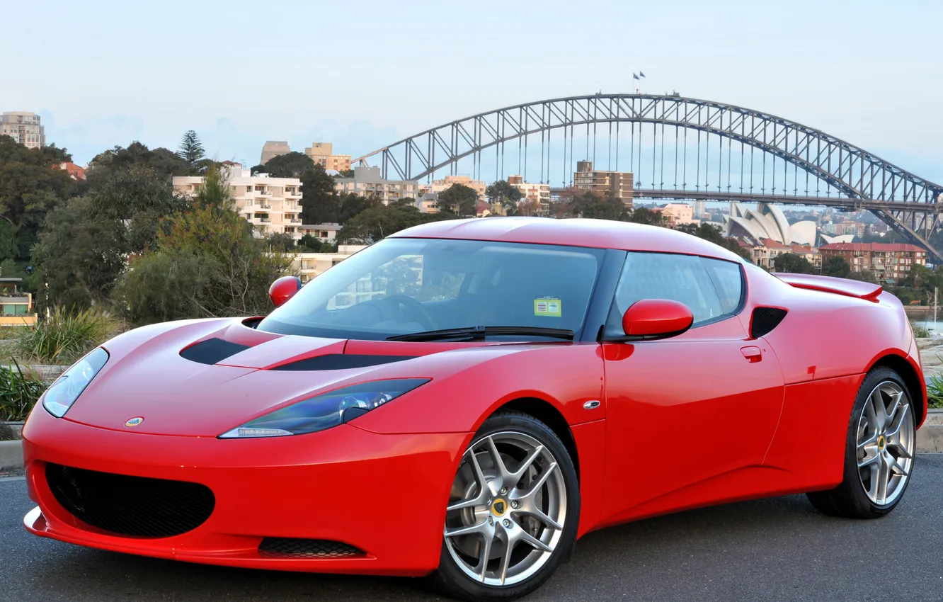 Photo wallpaper the sky, red, bridge, sports car, Lotus, lotus, evora, Evora