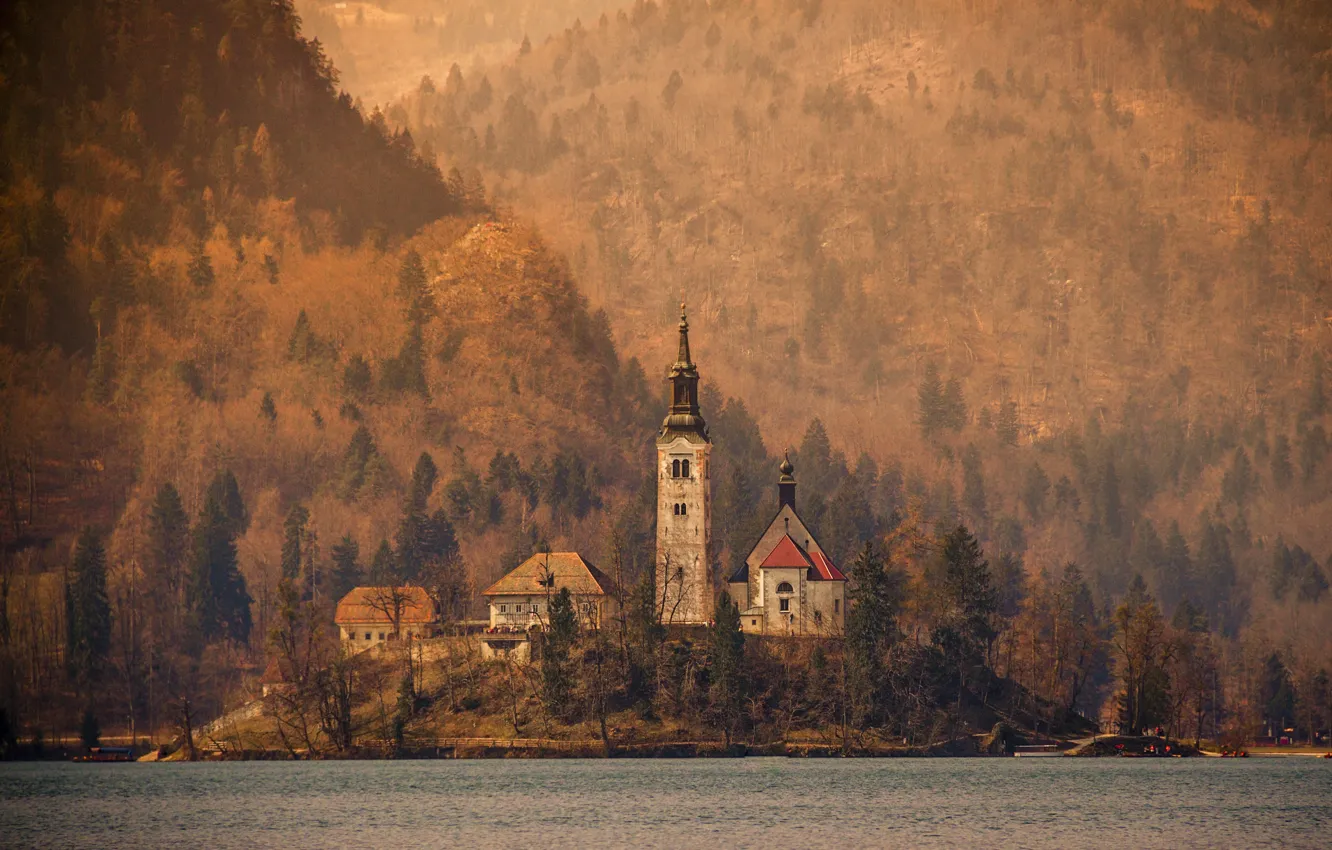 Photo wallpaper lake, Lake Bled, Slovenia, church, Assumption of Mary Pilgrimage Church, Bled, Upper Carniola