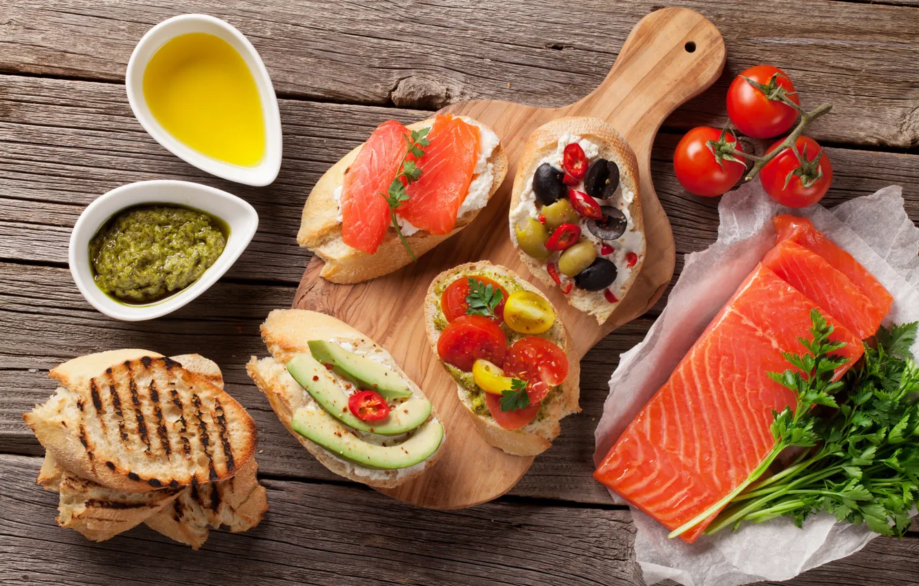 Photo wallpaper fish, bread, sauce, fish, avocado, sandwiches, avocado, tomato