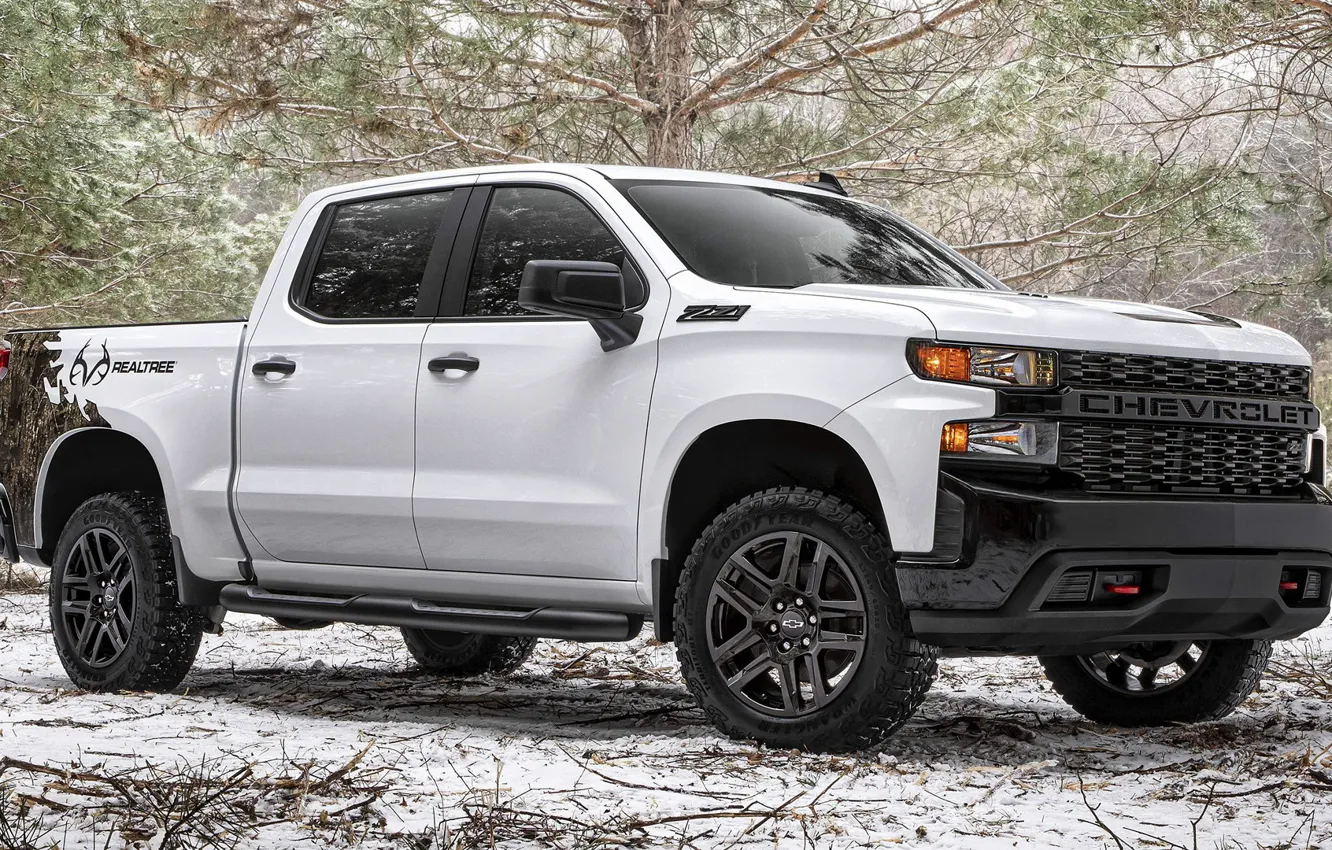 Photo wallpaper machine, forest, wheel, Chevrolet, white, pickup, winter, snow
