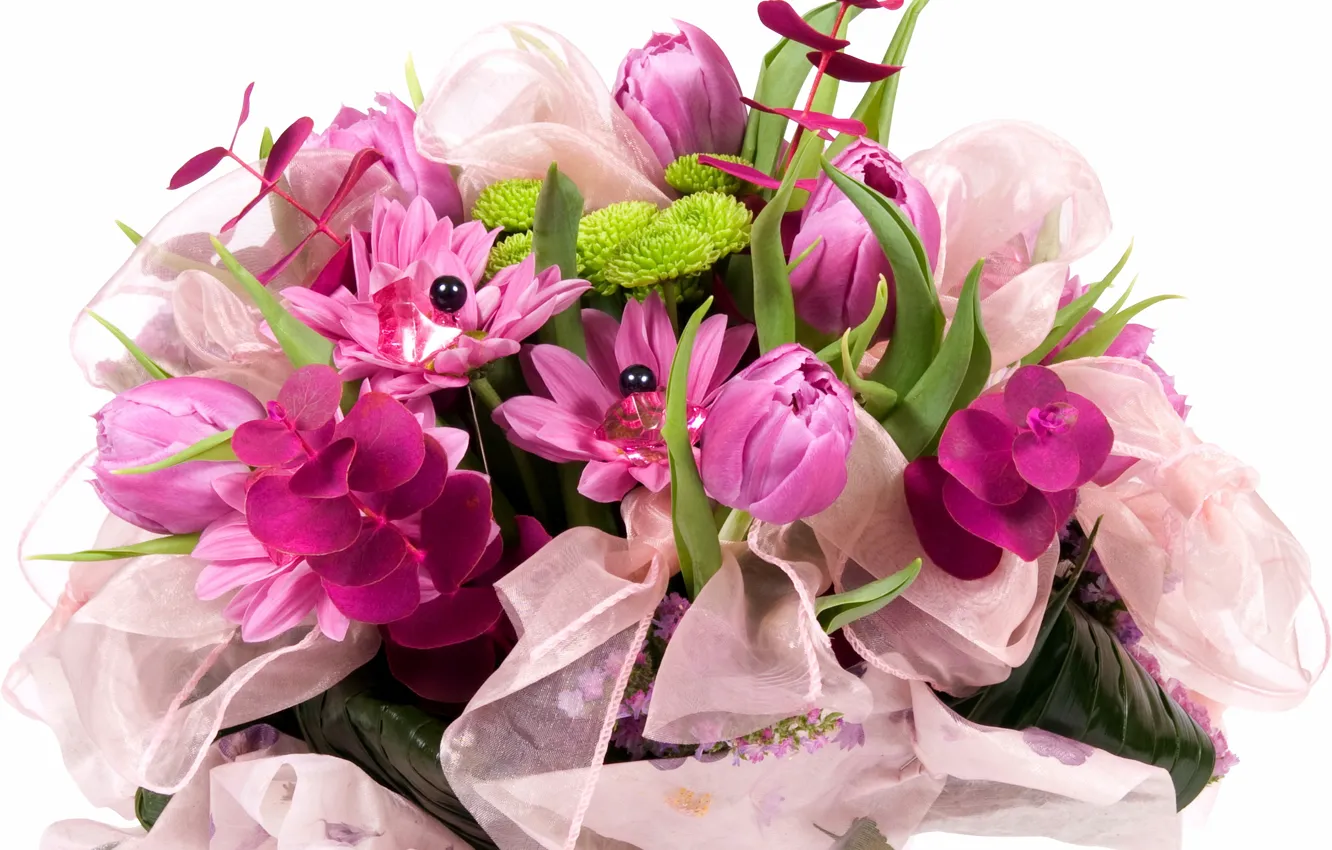 Photo wallpaper flower, nature, bouquet, spring, tape, tulips, bow, lilac