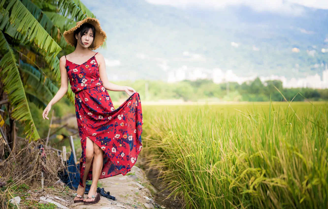 Photo wallpaper girl, hat, dress, Asian
