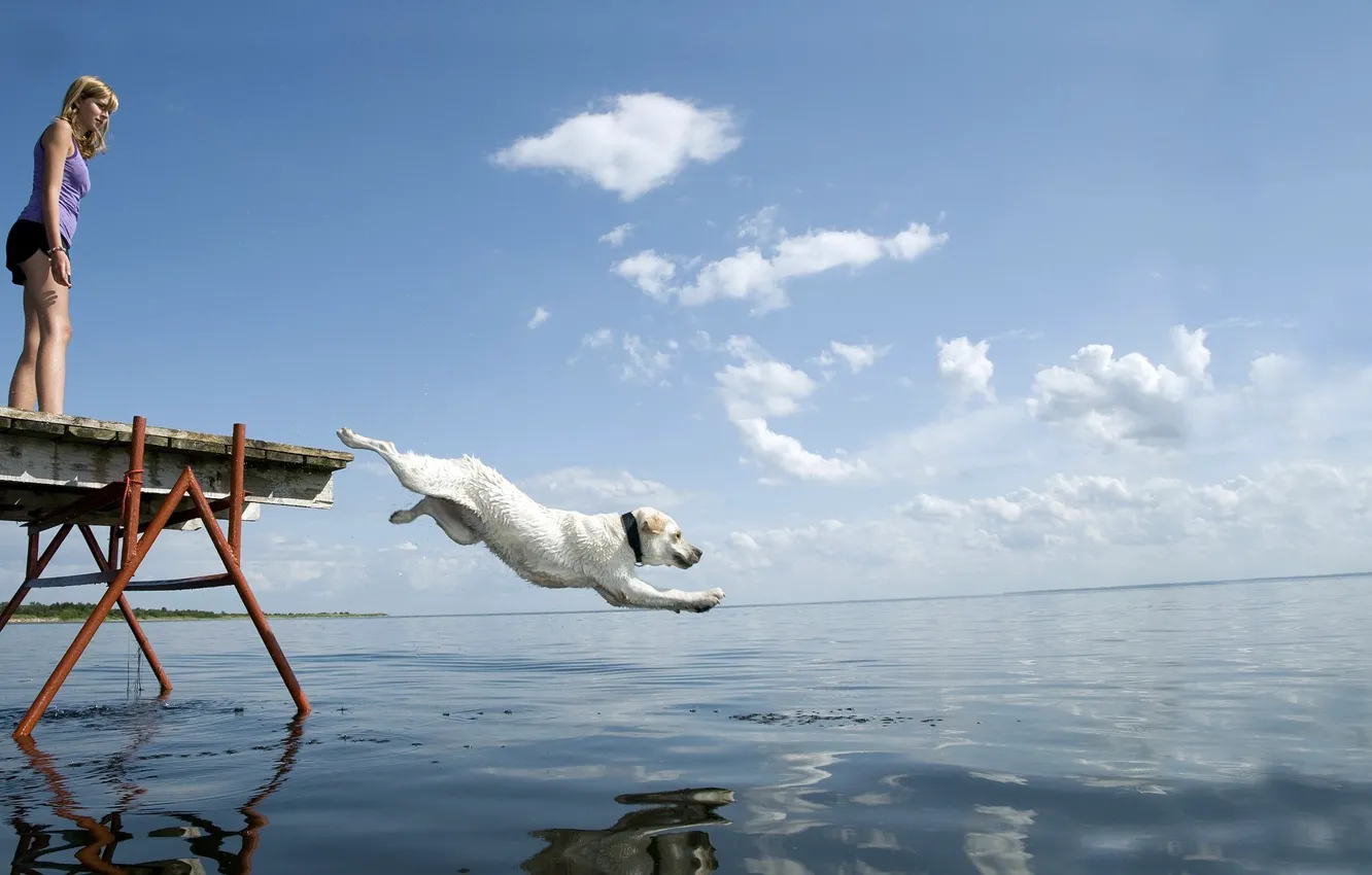 Photo wallpaper white, the sky, water, girl, flight, jump, horizon, pierce