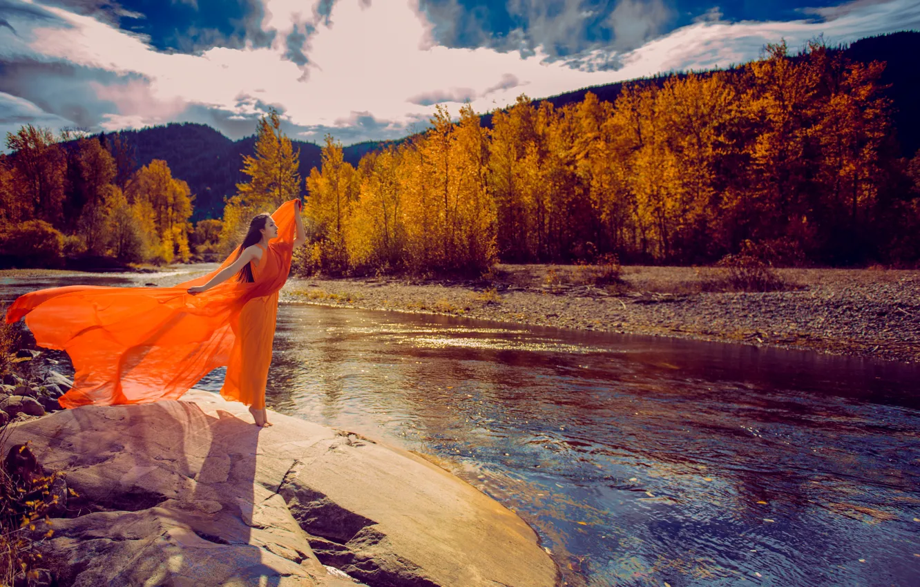 Photo wallpaper autumn, girl, river, dress