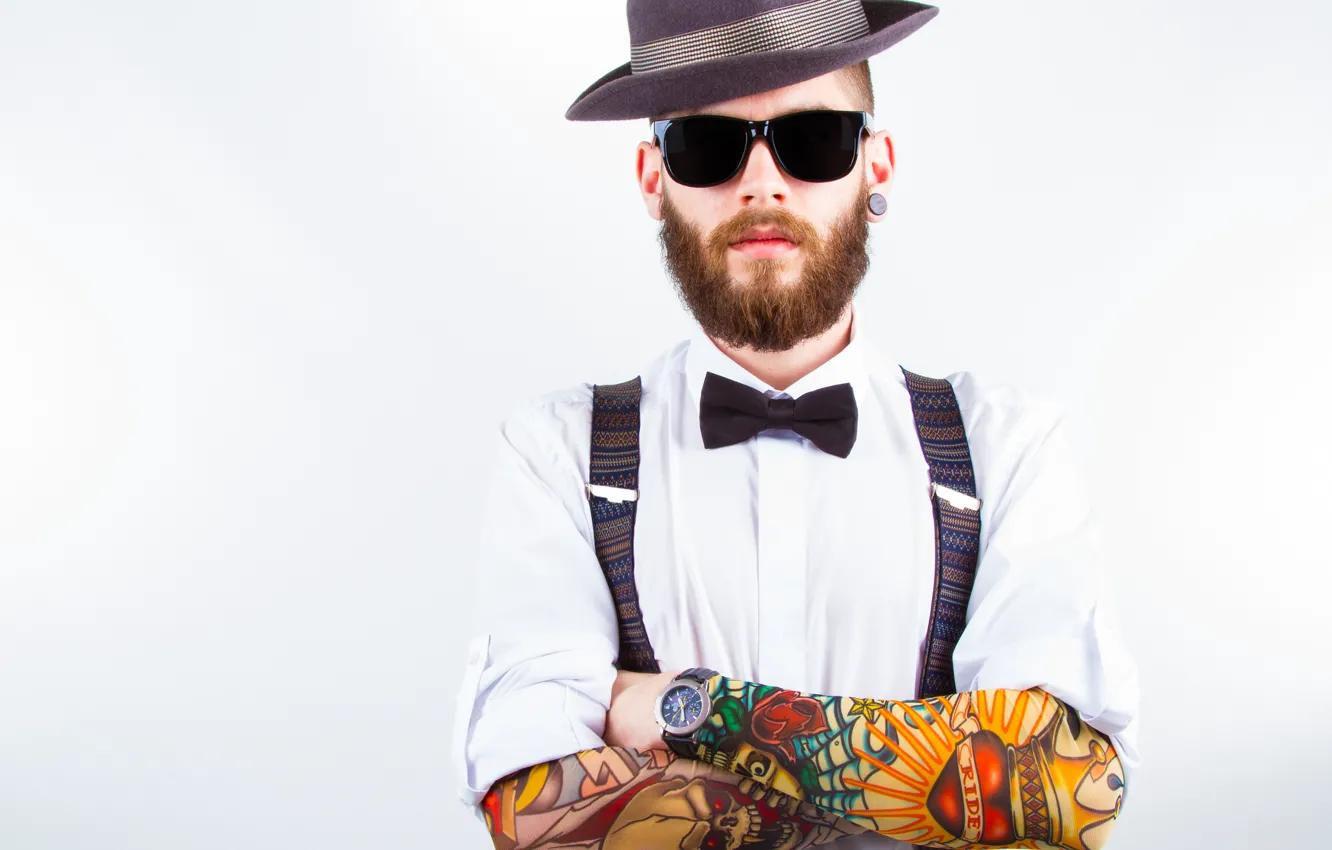 Photo wallpaper fashion, pose, tattoos, shirt, sunglasses, beard