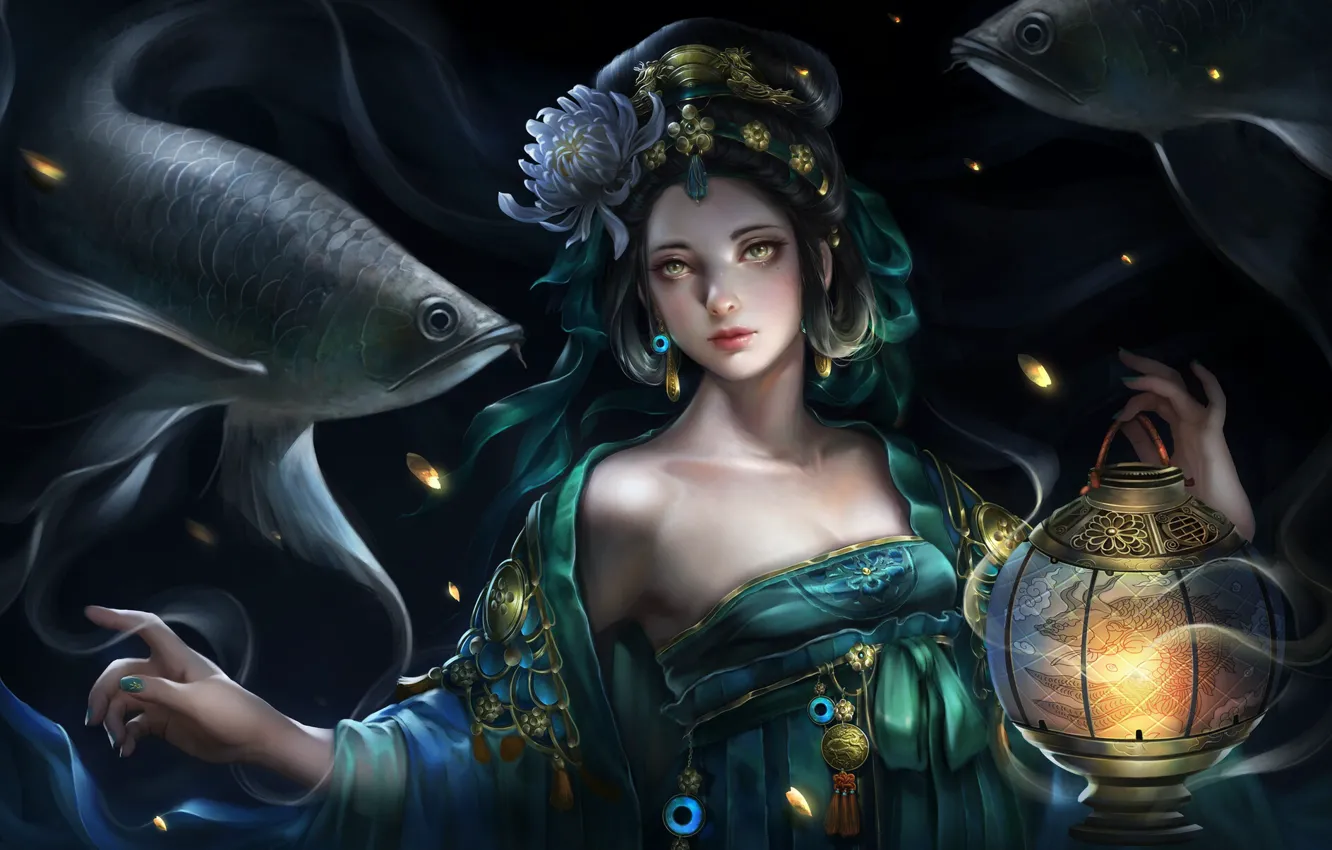 Photo wallpaper look, girl, fish, fantasy, art, lights