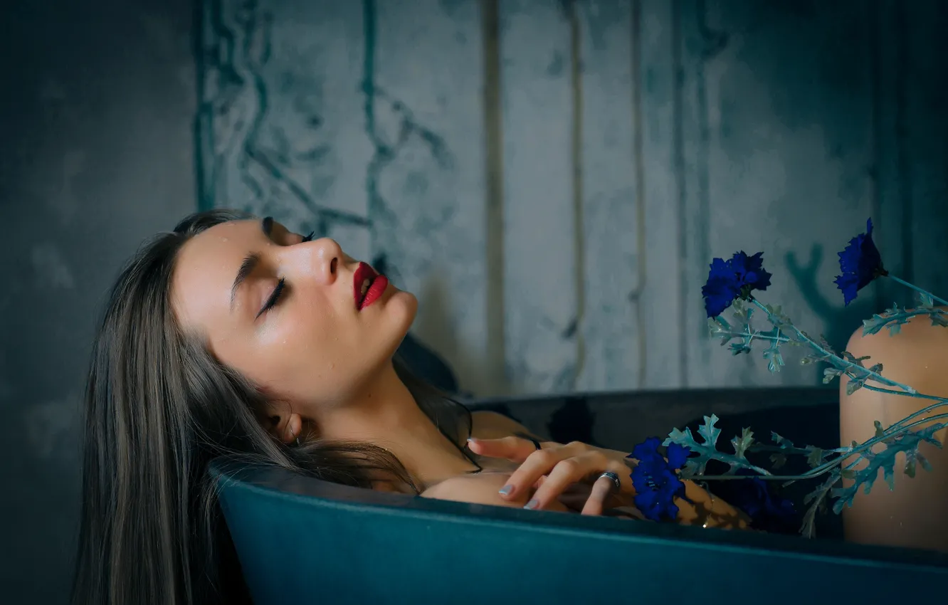 Photo wallpaper girl, flowers, face, pose, bath, long hair, red lipstick, closed eyes