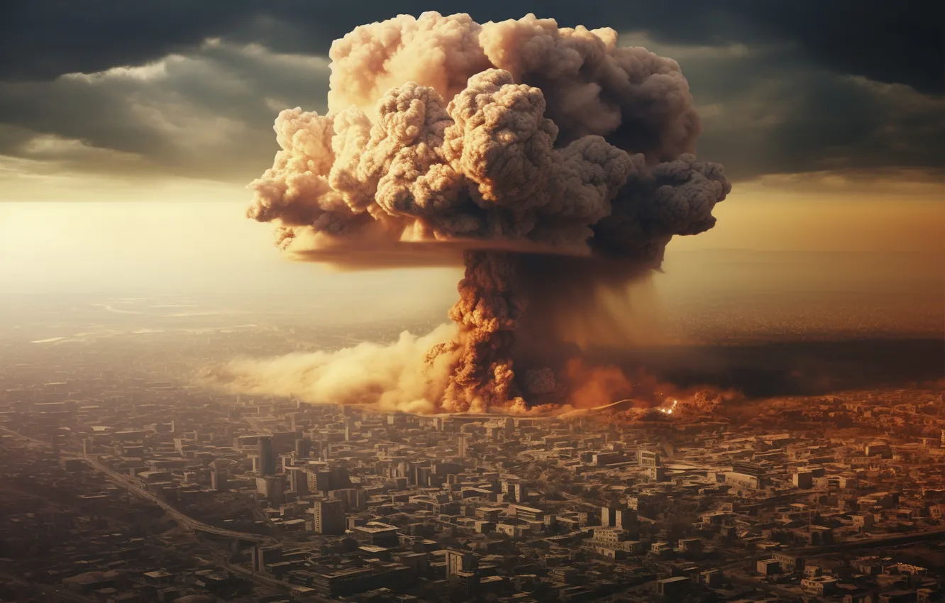 Photo wallpaper the explosion, the city, mushrooms, home, destruction, a nuclear explosion, digital art, nuclear weapons