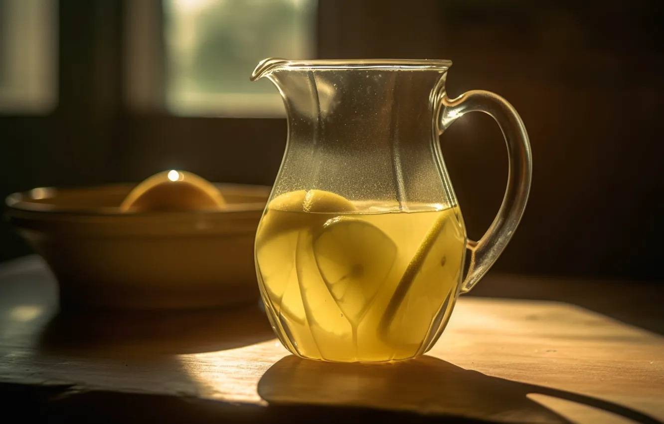 Photo wallpaper light, table, lemon, tea, window, drink, bowl, pitcher
