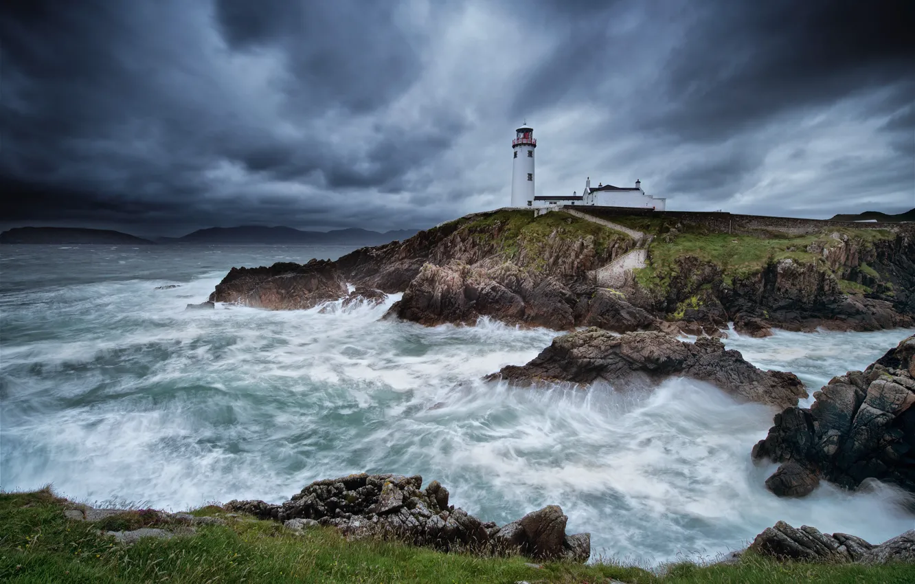 Photo wallpaper sea, wave, landscape, storm, rocks, lighthouse