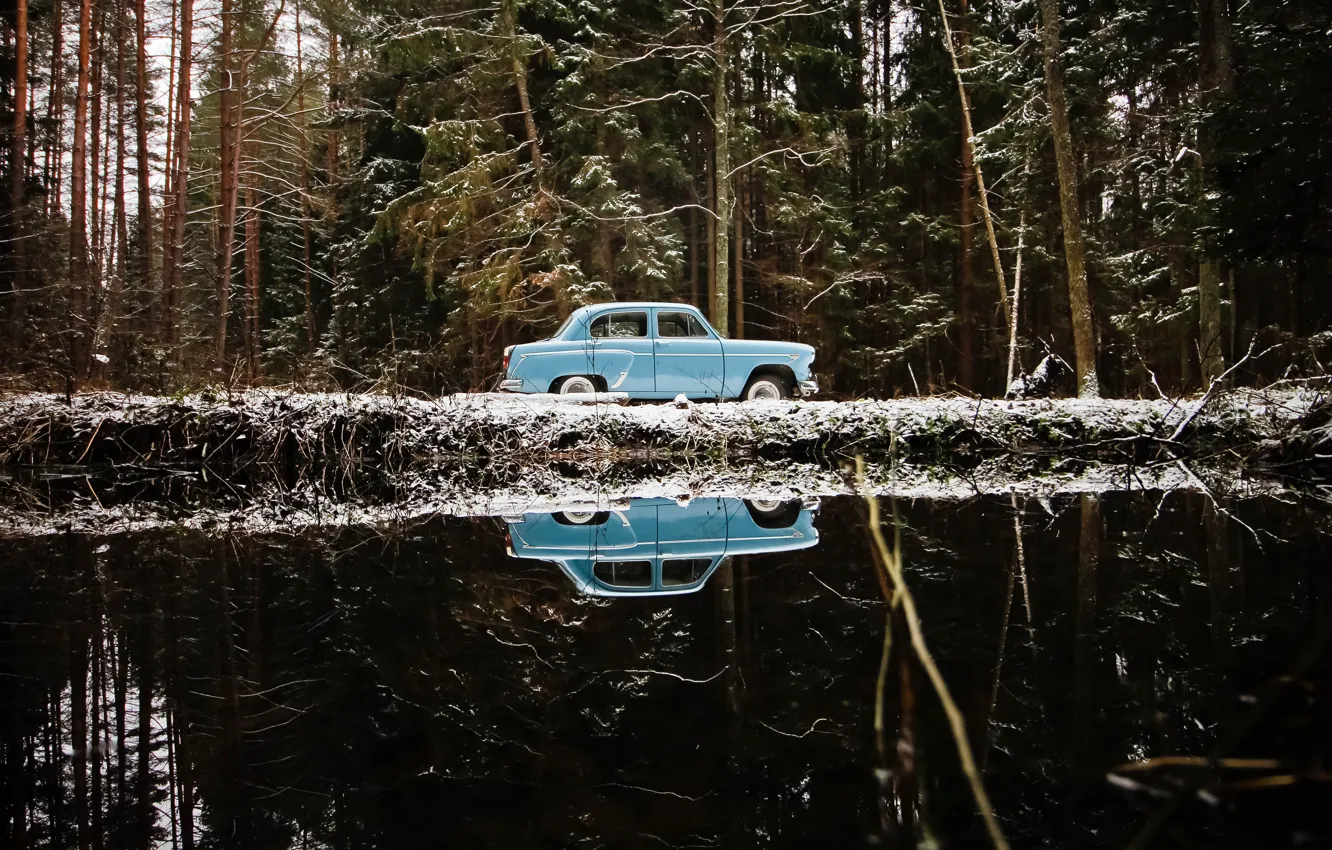 Photo wallpaper forest, winter, snow, 407, moskvich, 402, Moskvich 407