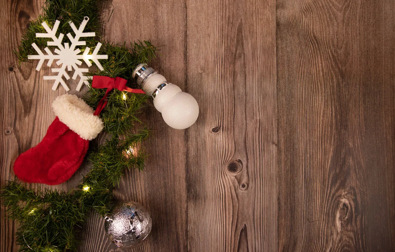 Photo wallpaper holiday, Board, sock, ball, Christmas, New year, snowman, garland