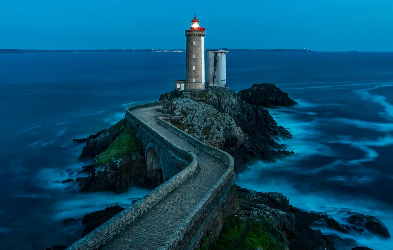 Photo wallpaper road, sea, light, landscape, stones, shore, France, lighthouse