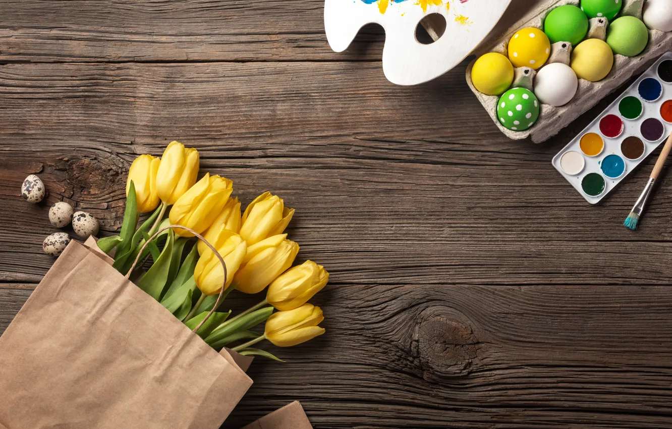 Photo wallpaper flowers, yellow, eggs, bouquet, colorful, Easter, tulips, yellow