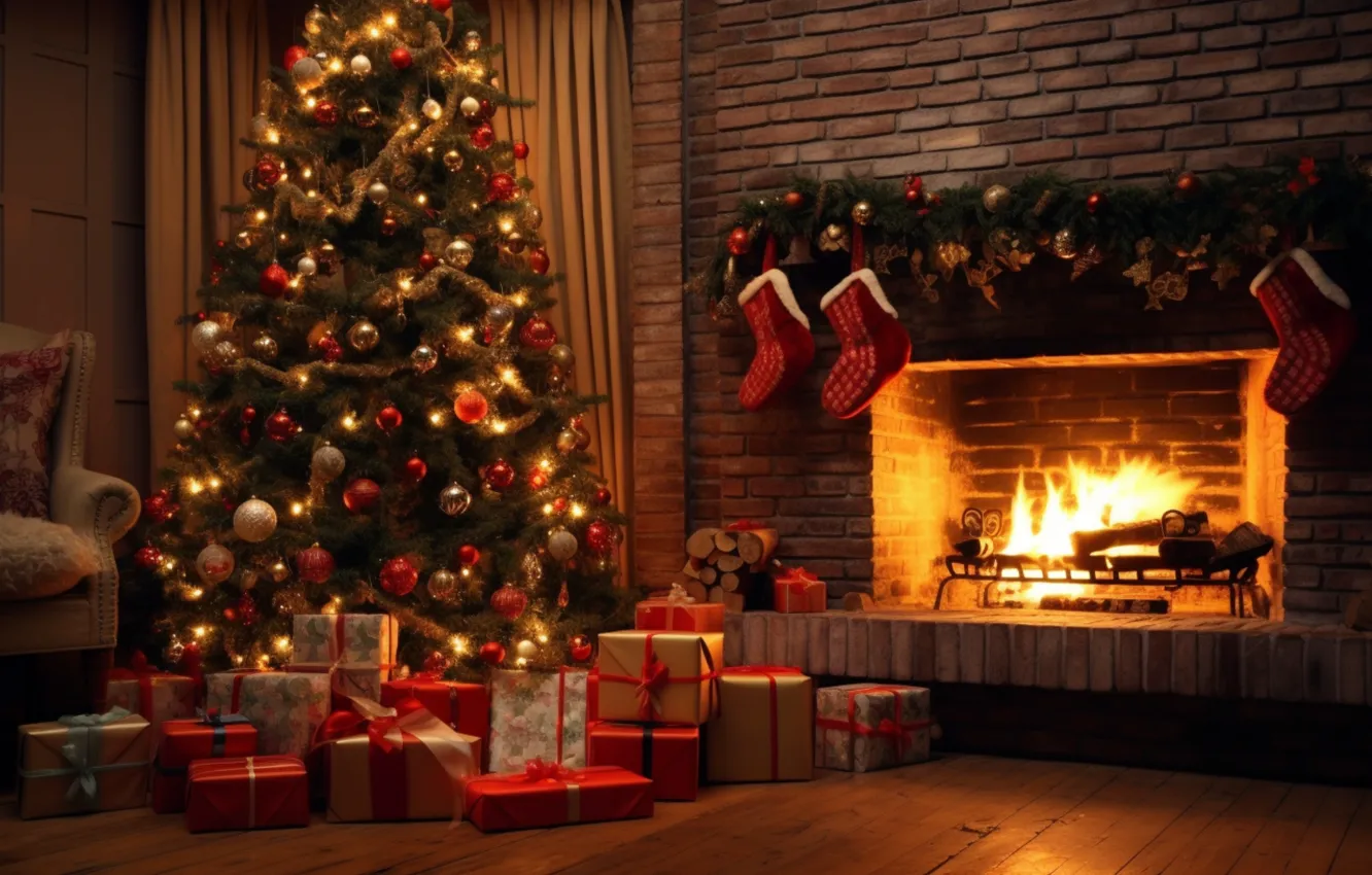 Photo wallpaper decoration, room, gift, balls, tree, new year, interior, Christmas