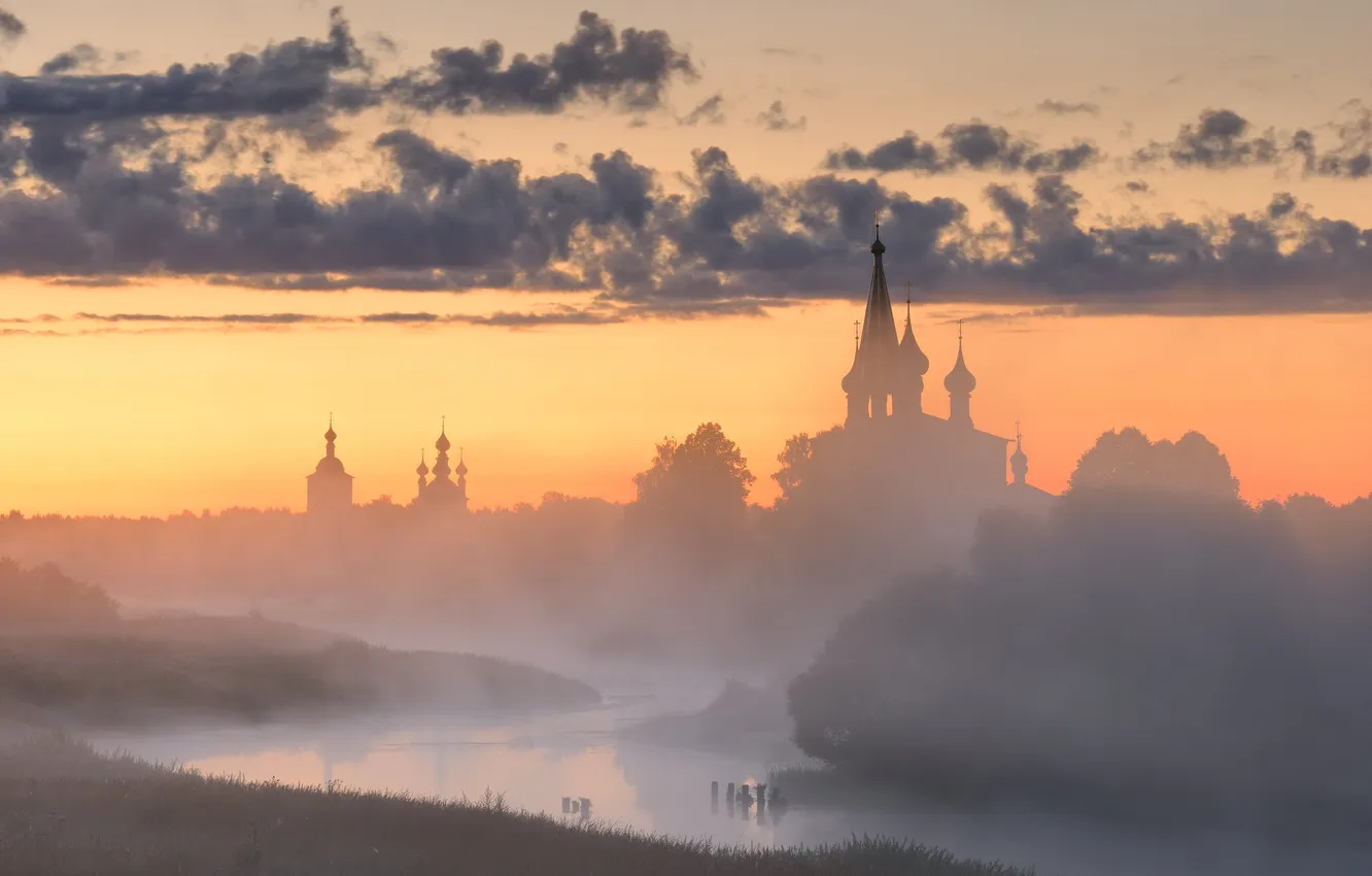 Photo wallpaper landscape, morning, Church, Dunilovo, Ivanovo oblast, Maxim Evdokimov
