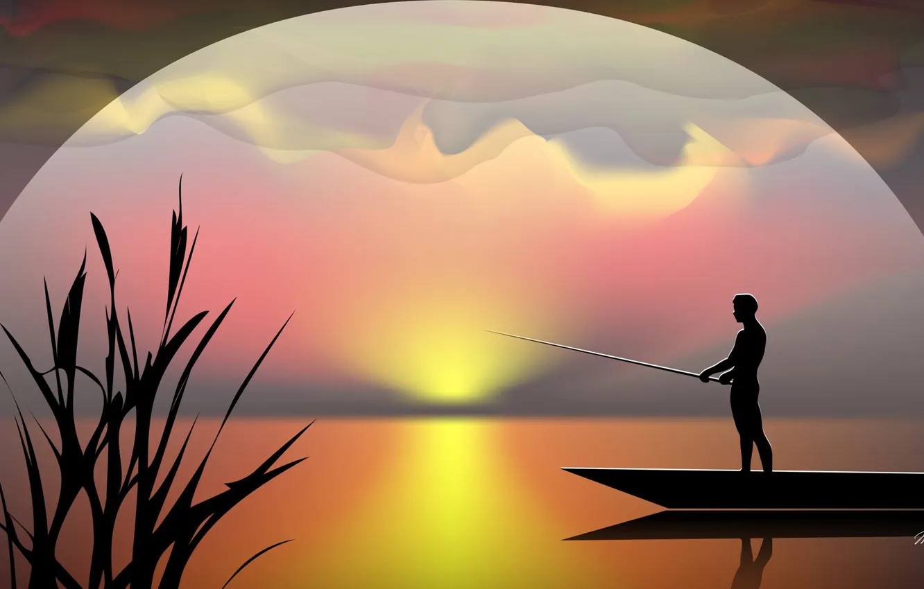 Photo wallpaper sunset, boat, vector, fisherman, silhouette, rod