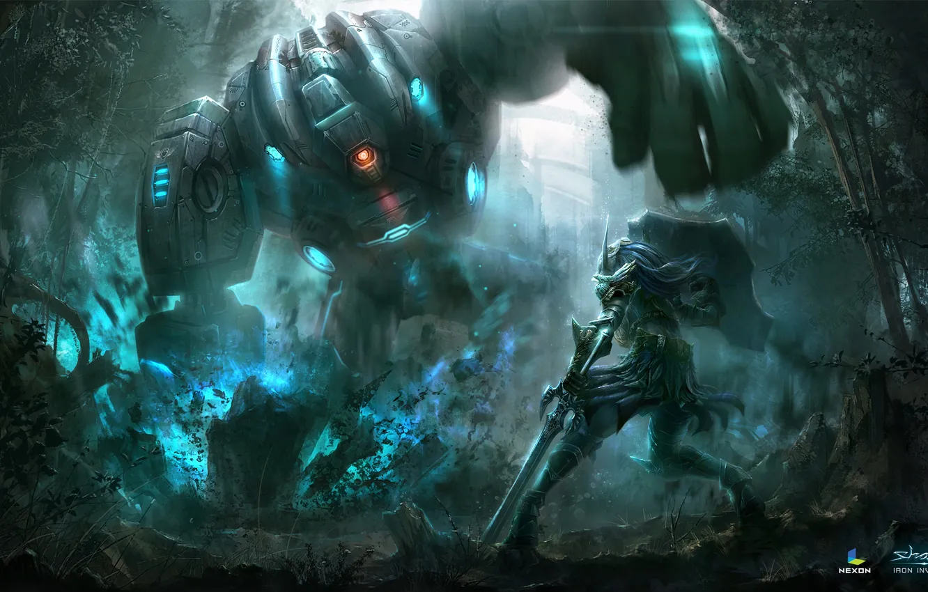 Photo wallpaper forest, girl, robot, sword, art, shield, Shaiya