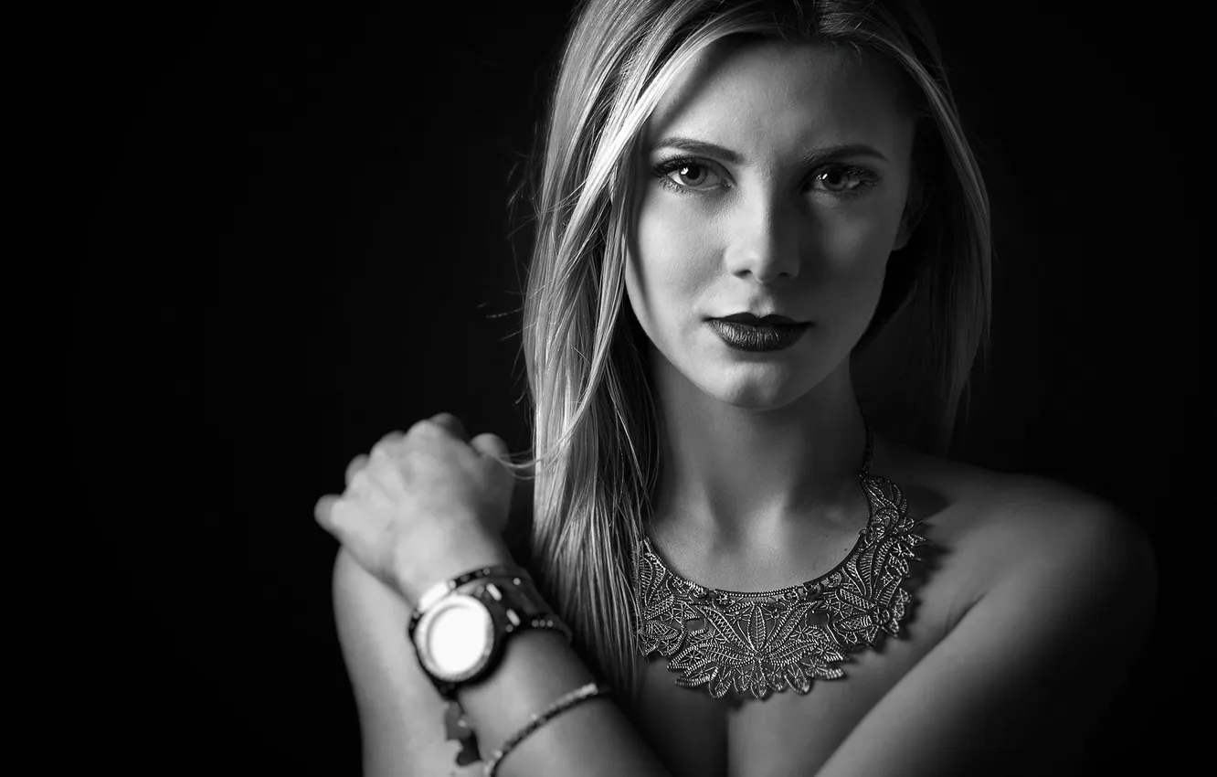 Photo wallpaper eyes, look, girl, face, hair, black and white