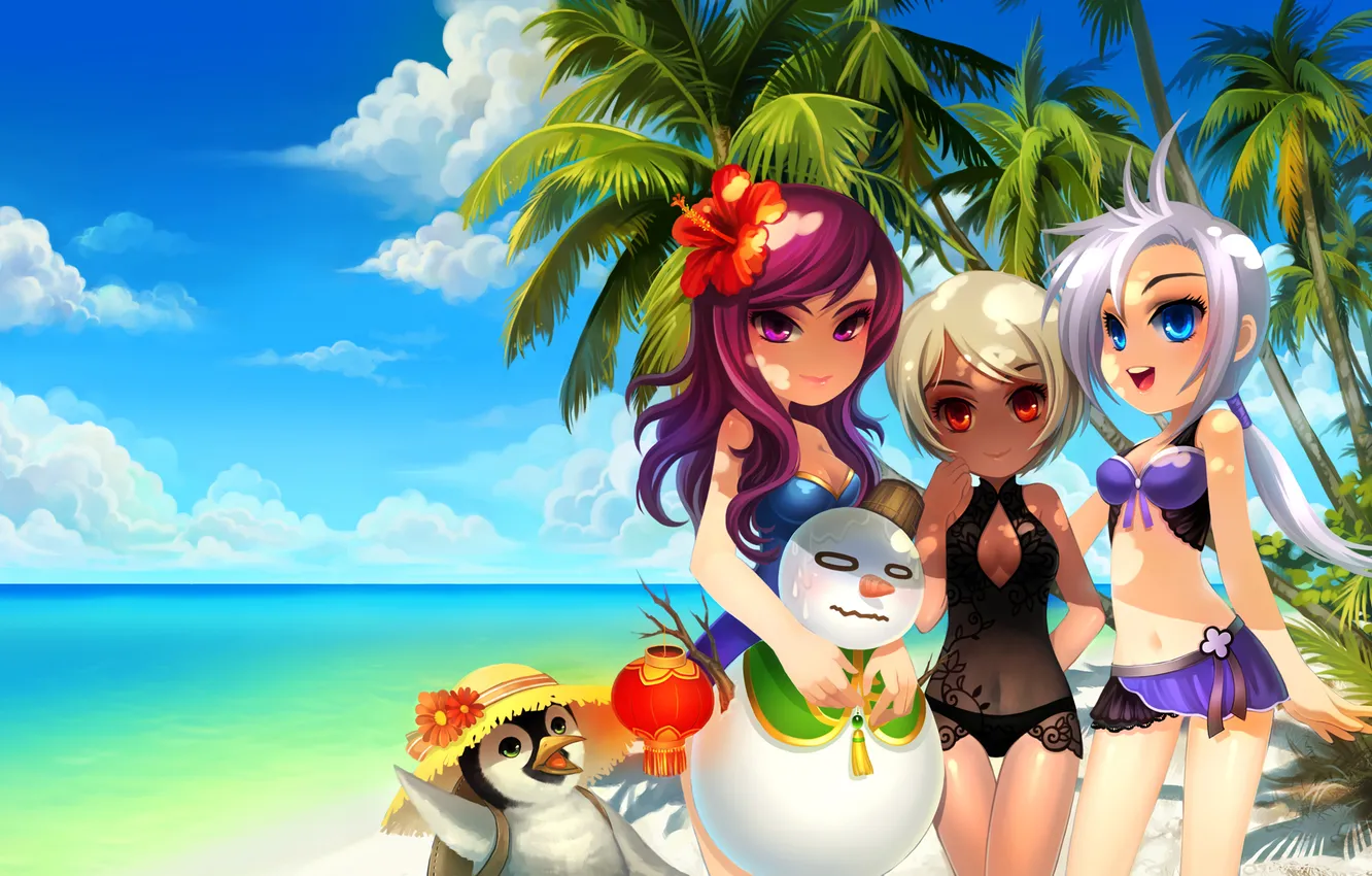 Photo wallpaper sea, beach, girl, palm trees, penguins, snowman