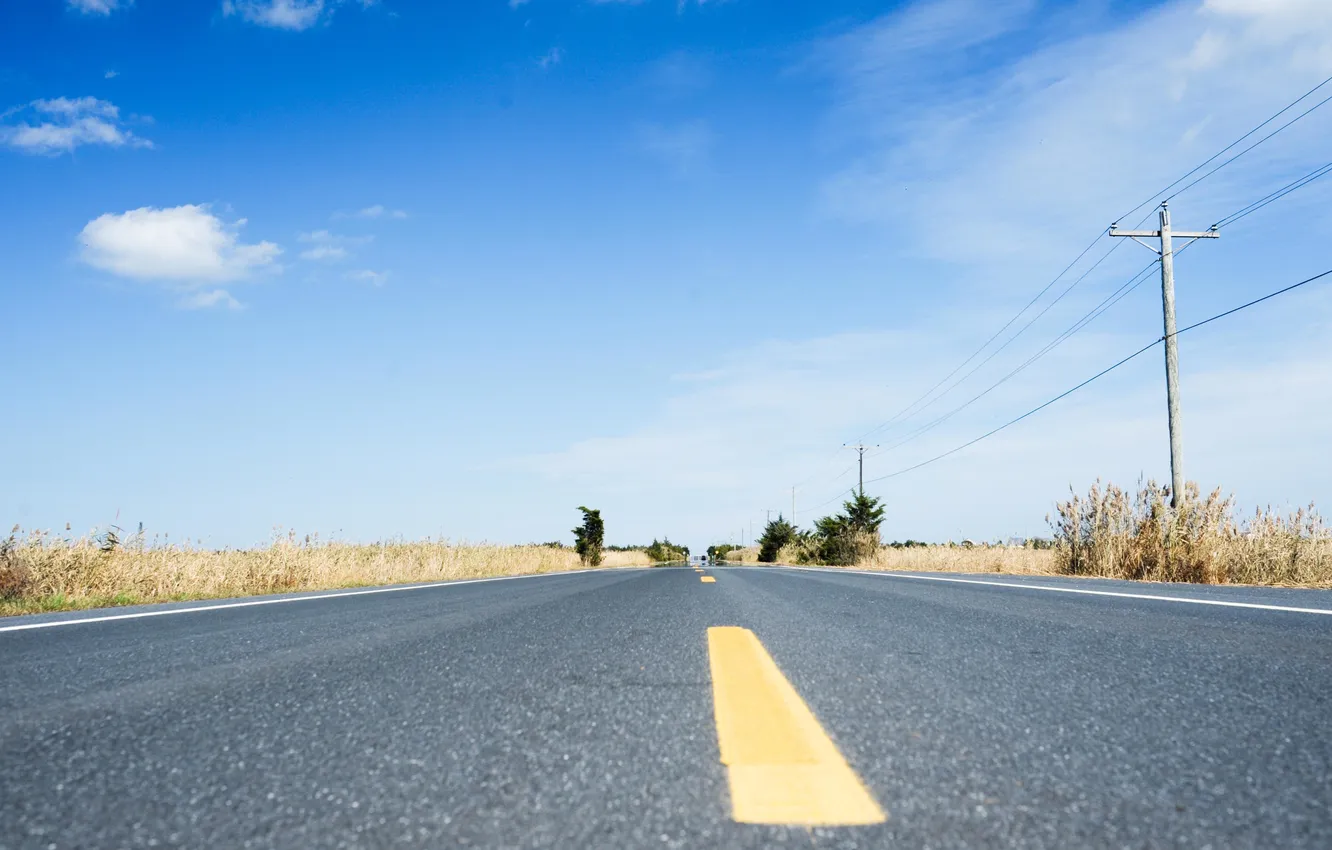 Photo wallpaper road, summer, the sky, clouds, solar, power line