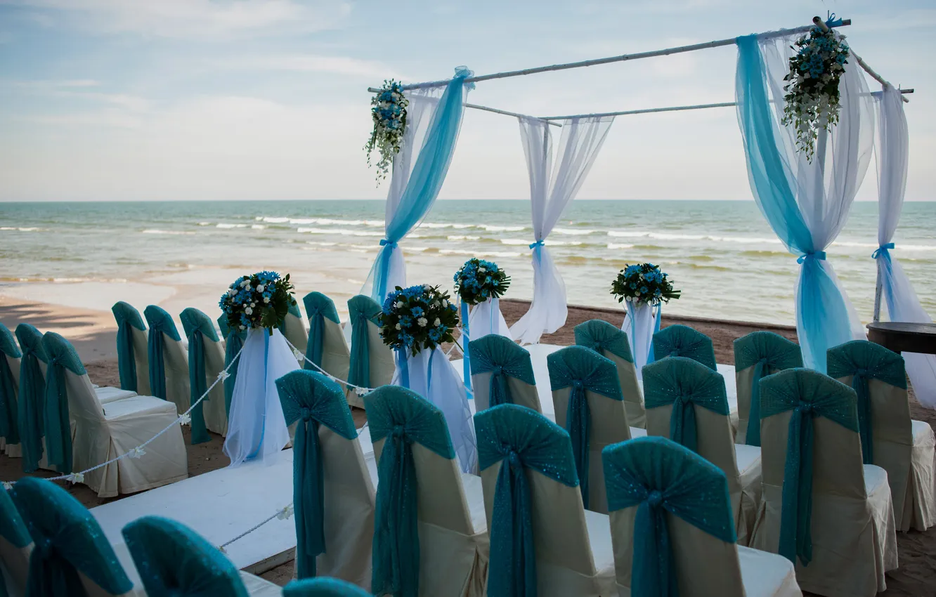 Photo wallpaper sea, wave, flowers, nature, tropics, coast, chair, gazebo