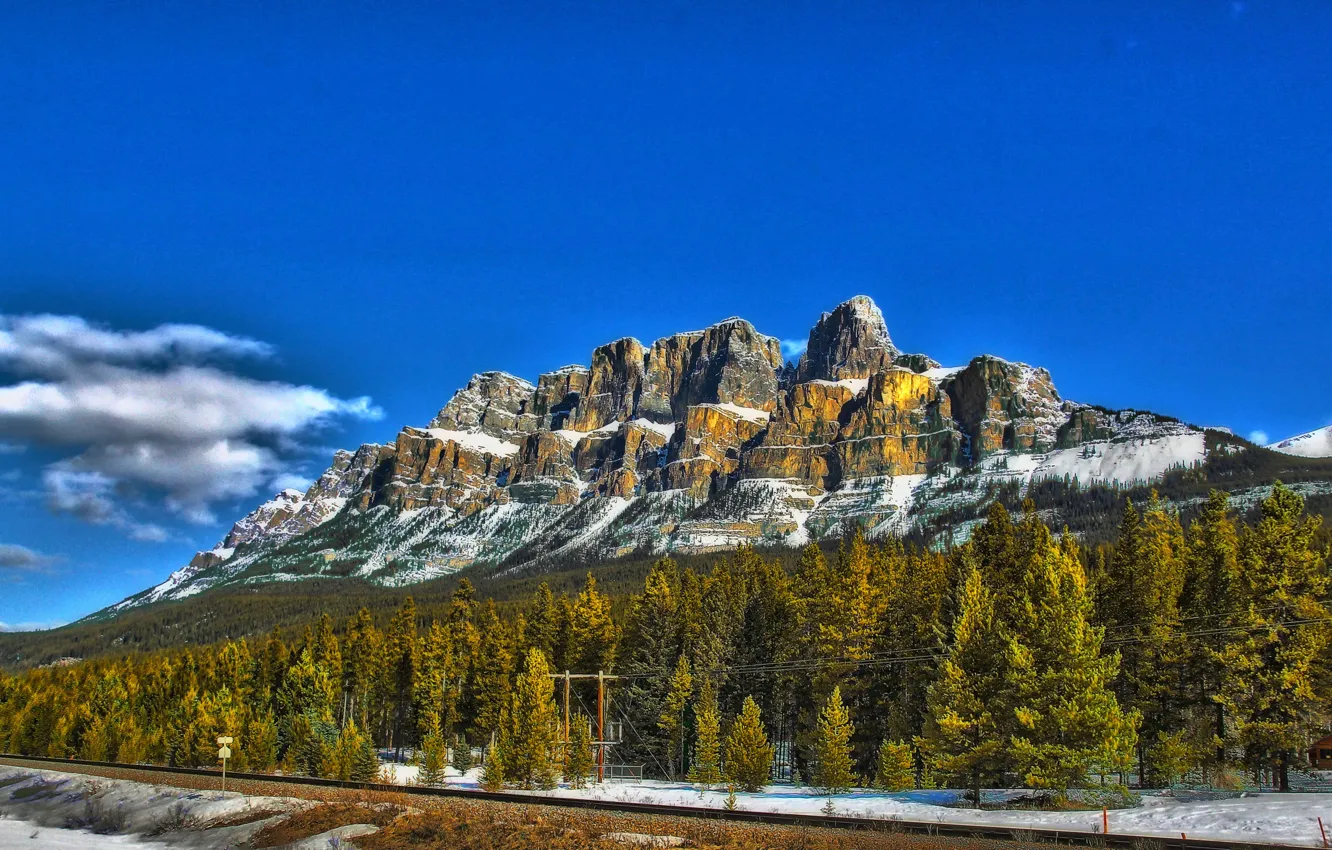 Photo wallpaper road, forest, the sky, trees, mountains, Canada, Albert, Castle Mountain