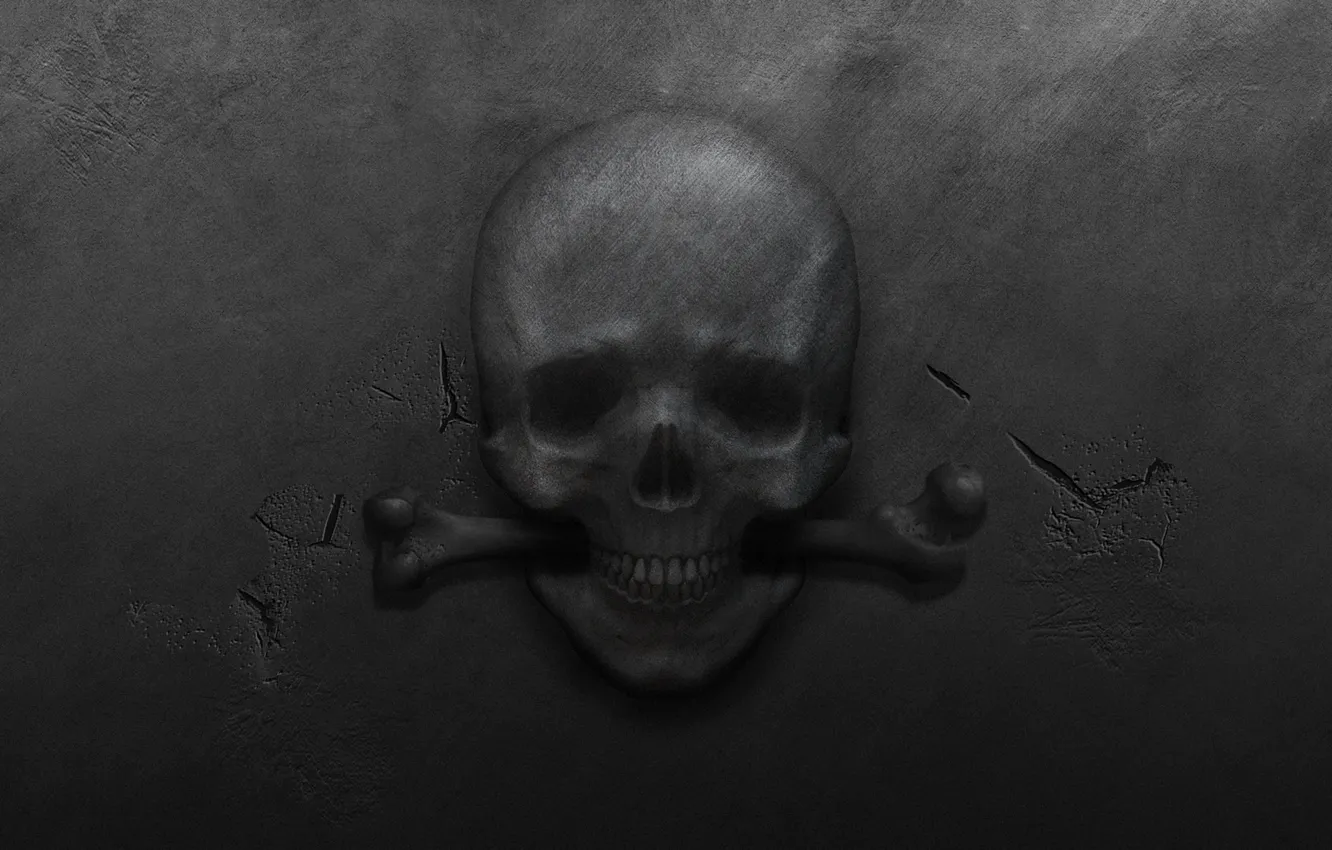 Photo wallpaper metal, cracked, skull, bone, black background
